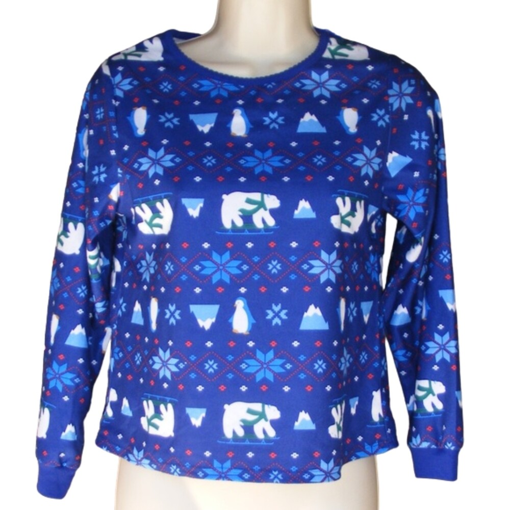 new! LANZ Pajama Top,Youth L, Polar bears Penguins. Blue, Long sleeve